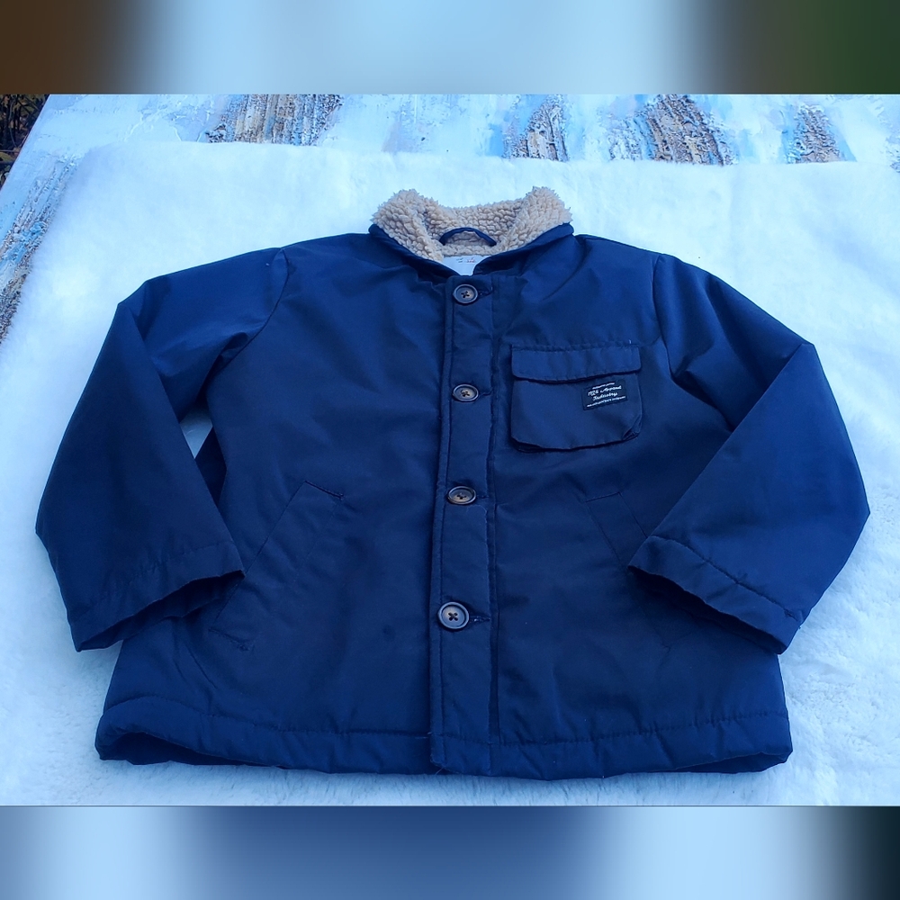 Zara Navy Blue Kids Jacket with Faux Shearling Collar Size 7